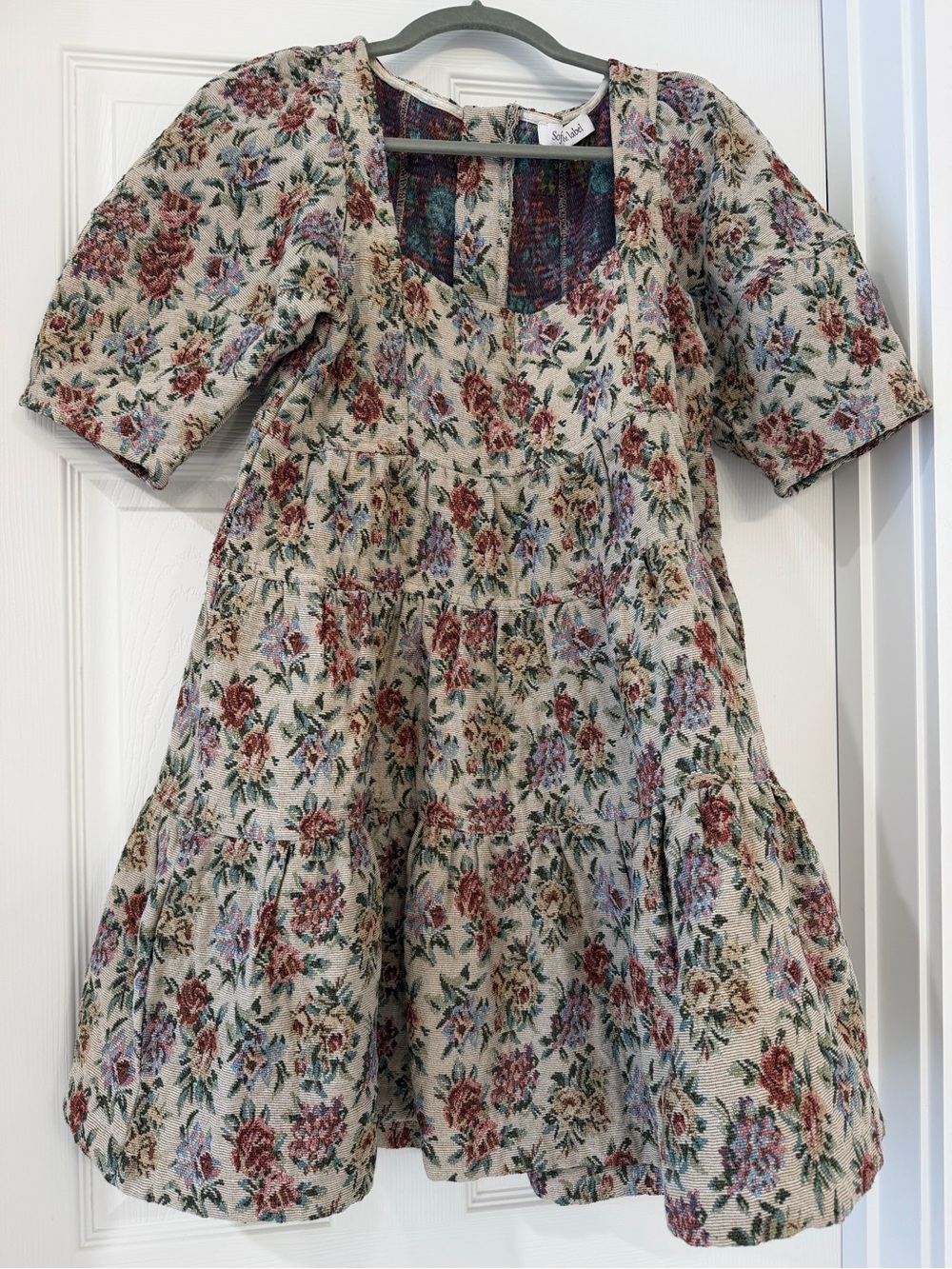 Textured Floral Mini Dress in Cream with Rose Accents